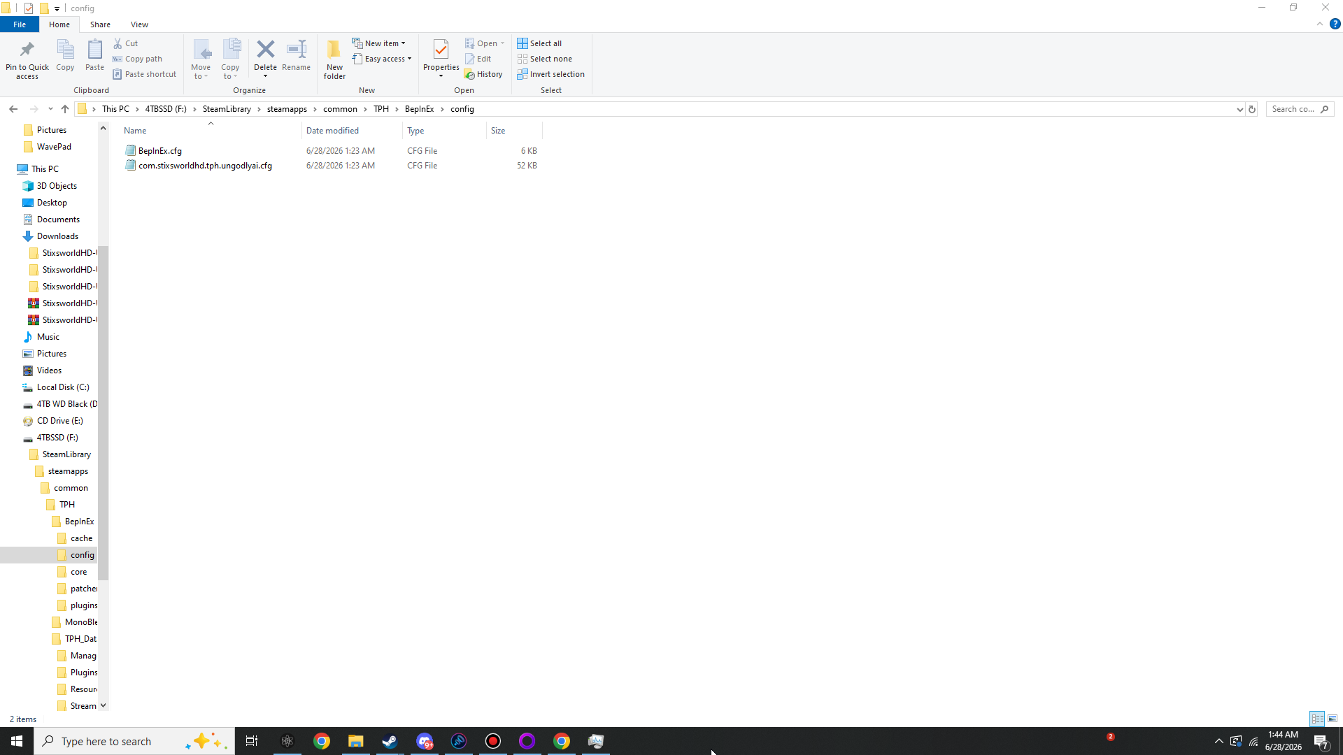 config folder containing BepInEx.cfg and com.stixsworldhd.tph.ungodlyai.cfg
