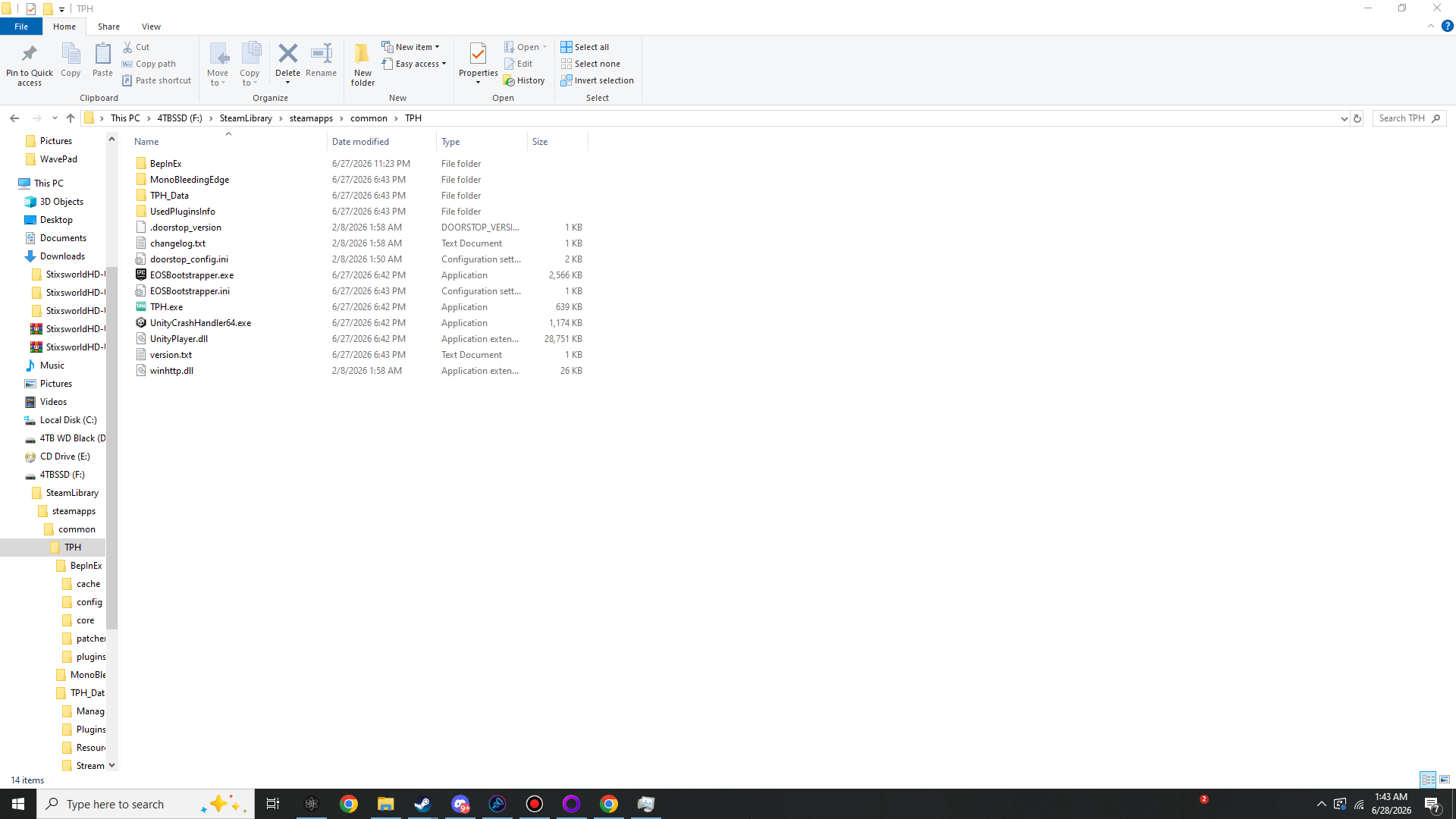 Two Point Hospital root folder showing BepInEx folder, MonoBleedingEdge, TPH_Data, winhttp.dll, doorstop_config.ini and TPH.exe